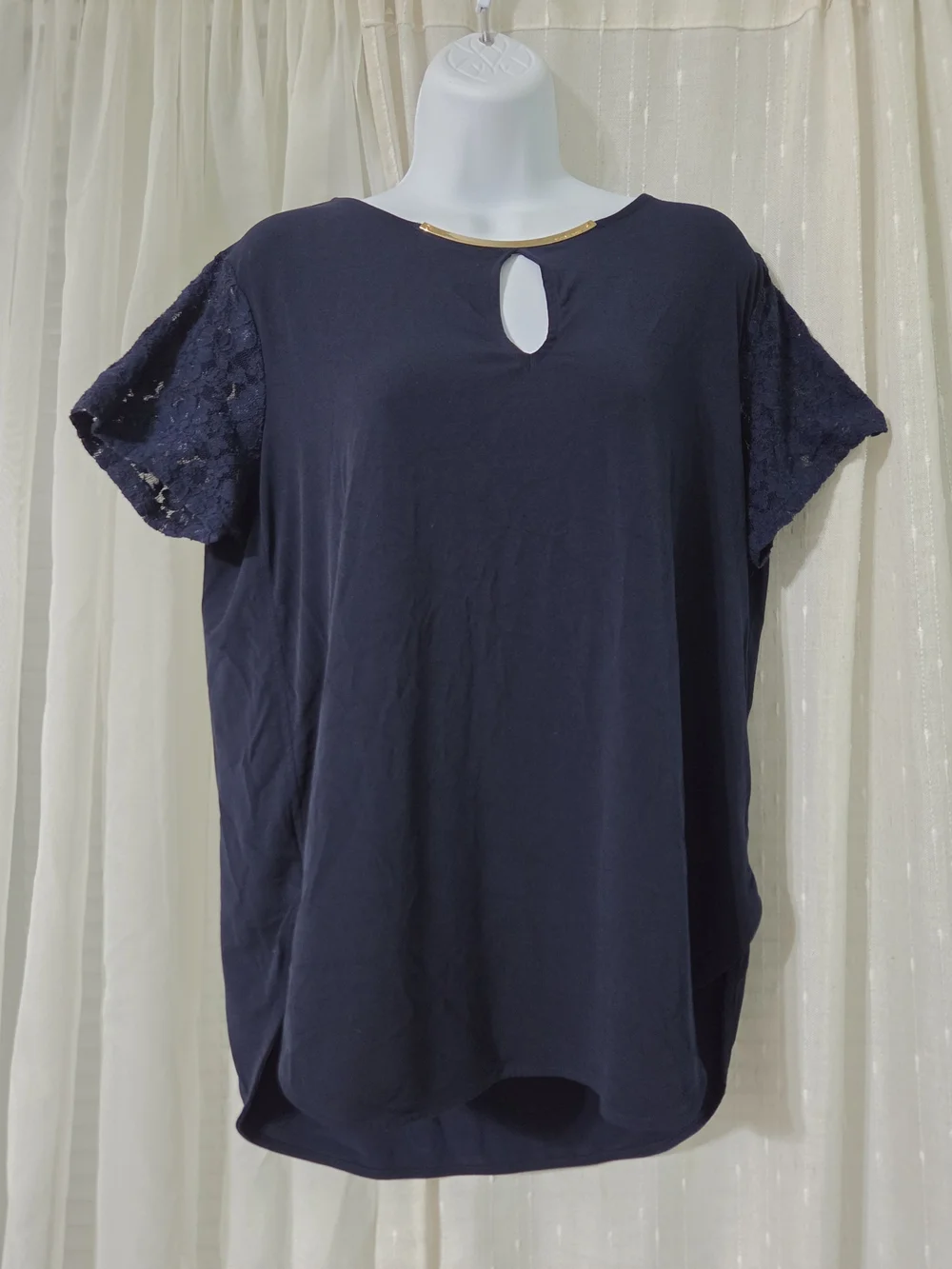 Michael Kors Women's Navy Lace Sleeve Keyhole Top